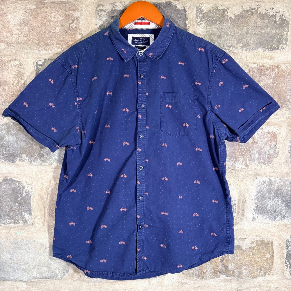 Across The Pond Men's Large Blue Short‎ Sleeve Button Up Shirt Bicycle Print